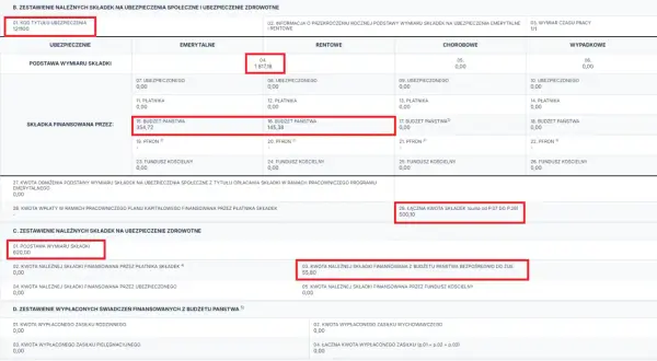 Fragment formularza ZUS z zaznaczonymi polami dotyczącymi składek i podstawy wymiaru.